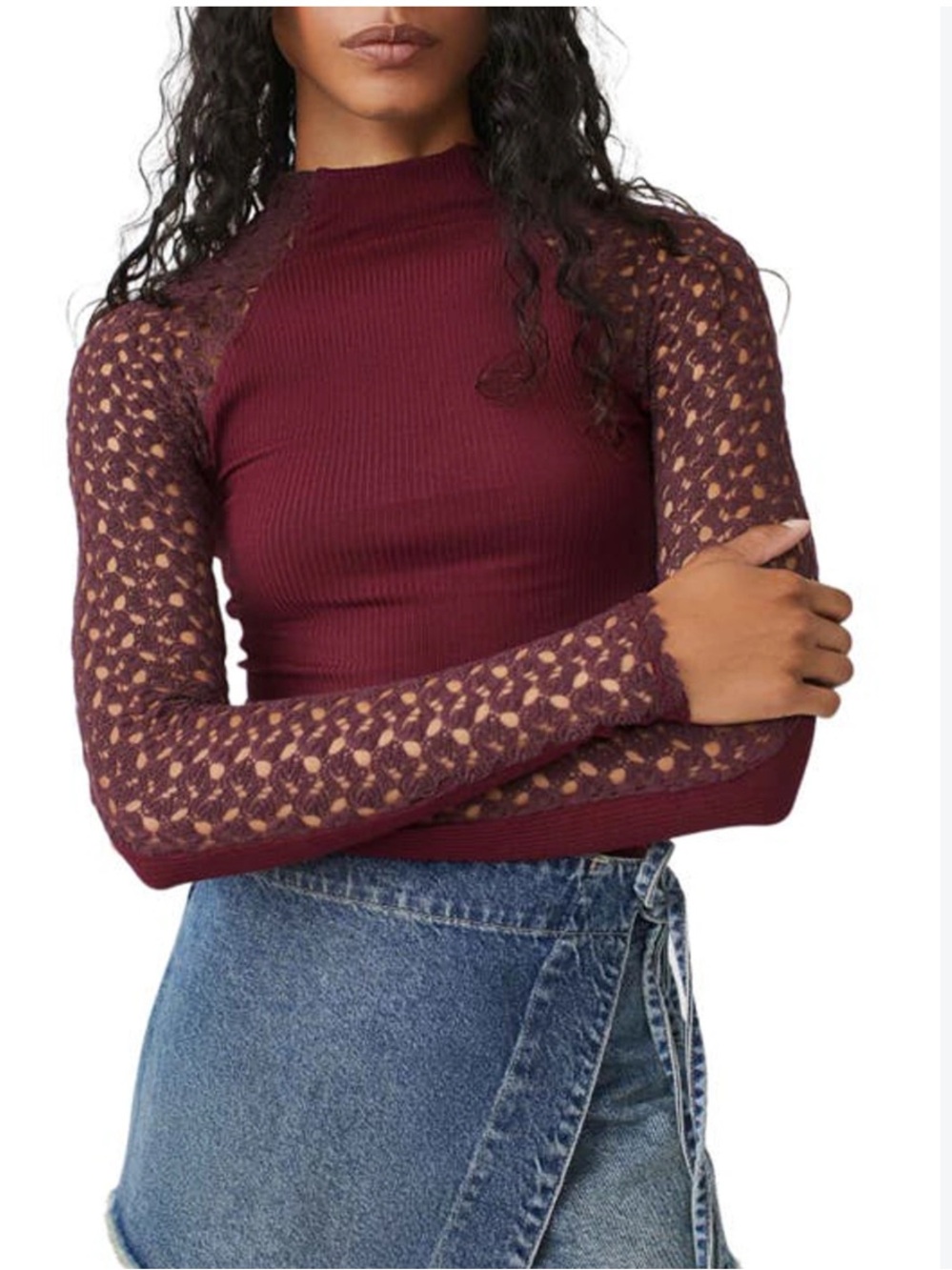 Free People Clemente mixed media ribbed Top purple crochet sleeves burgundy XS